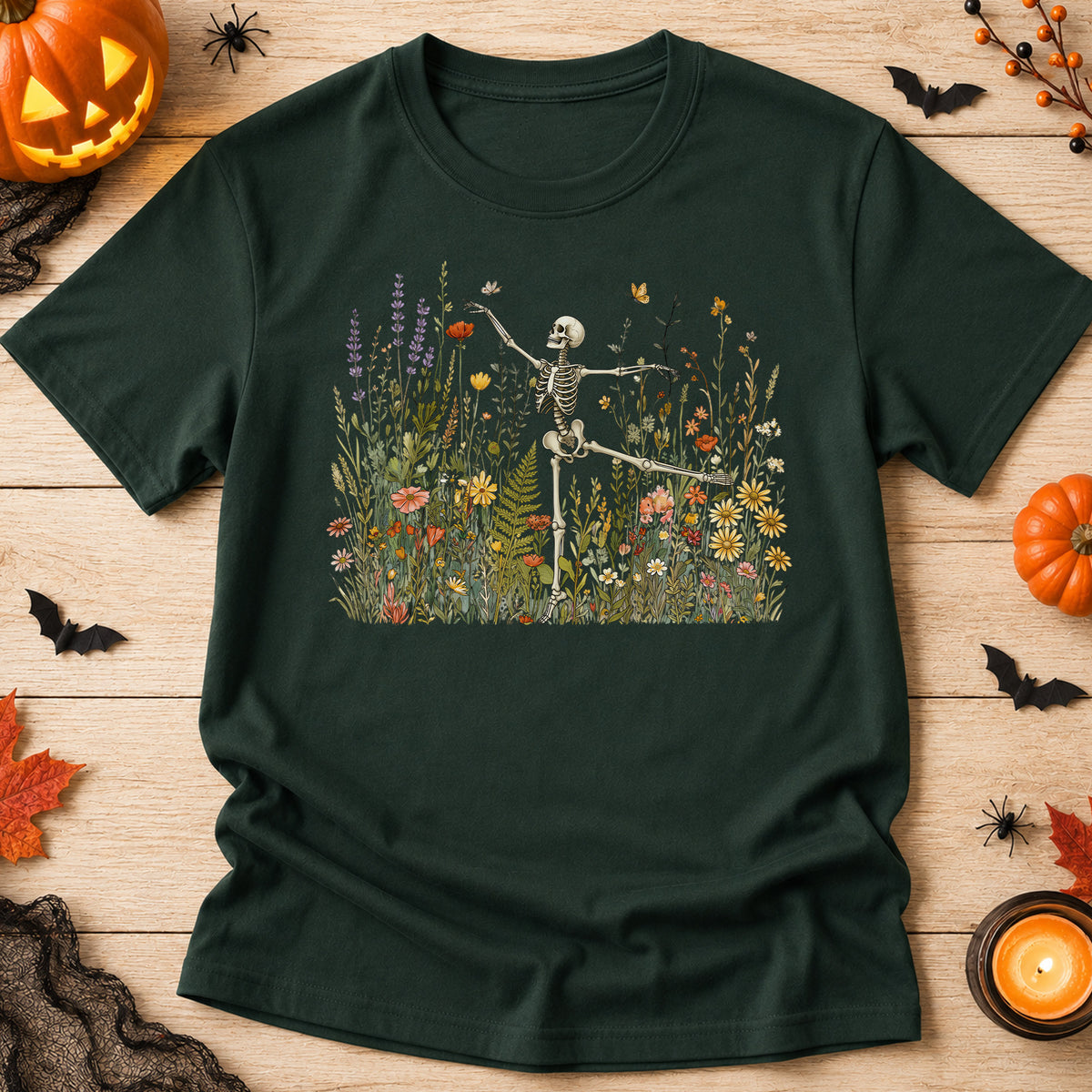 Skeleton Dancing Arabesque Wildflower T-shirt, Botanical Floral Tee, Cottagecore Halloween Shirt, Boho Hallween Tee, Nature Lover Gift