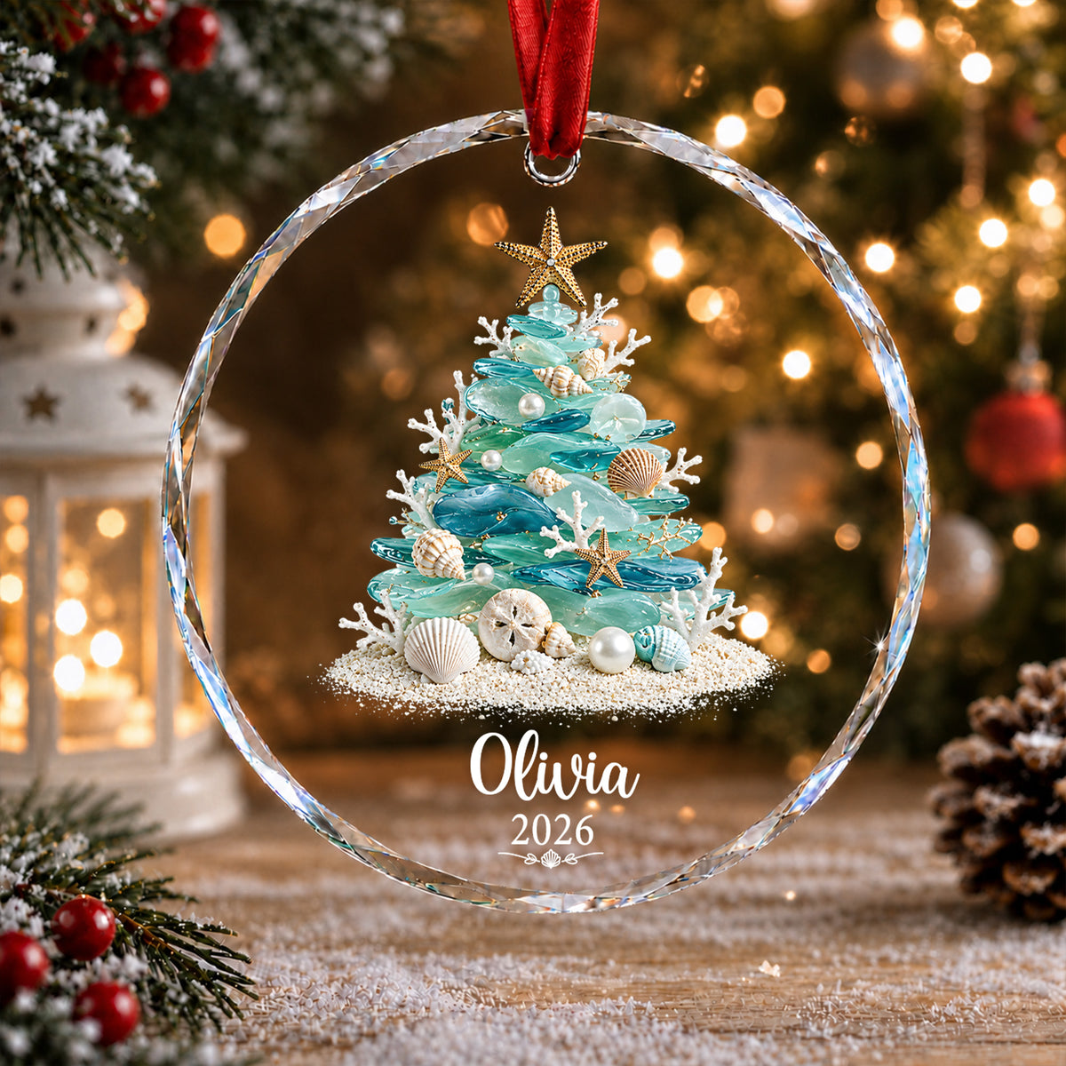 Sea Glass Christmas Tree - Personalized Glass Ornament, Coastal Holiday Keepsake, Custom Sea Glass Ornament