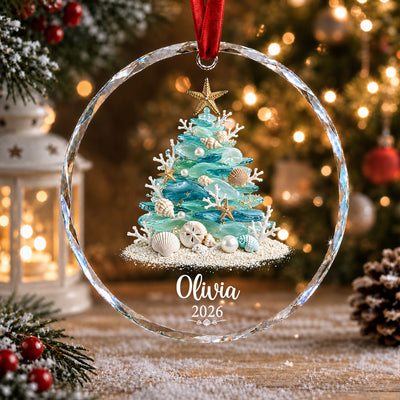 Sea Glass Christmas Tree - Personalized Glass Ornament, Coastal Holiday Keepsake, Custom Sea Glass Ornament