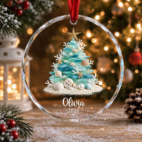Sea Glass Christmas Tree - Personalized Glass Ornament, Coastal Holiday Keepsake, Custom Sea Glass Ornament