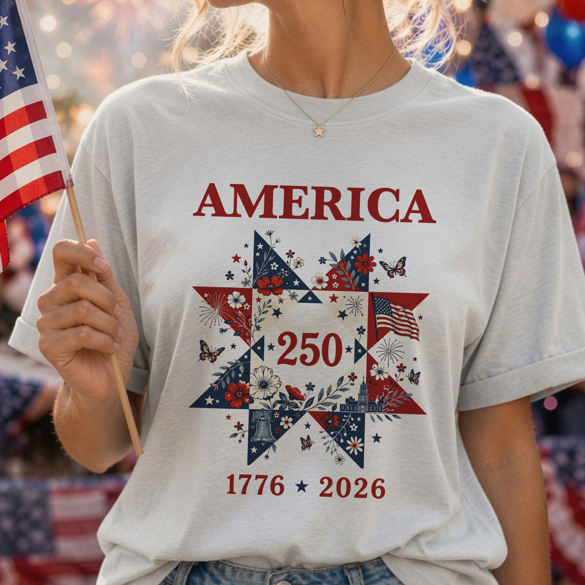 Liberty In Bloom Quilt T-Shirt, 1776-2026 T-Shirt, 250 Years Anniversary Shirt Gift