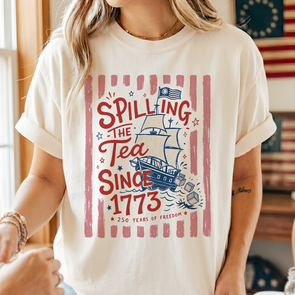 Striped Spilling The Tea Since 1773 T-Shirt, Funny 4th Of July, Patriotic USA 4th Of July Party Shirt