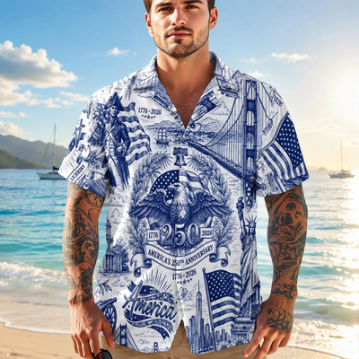 America 250 Hawaiian Shirt For Men, Freedom 1776-2026 Patriotic Button Up, Vintage USA Anniversary Shirt, July 4th Hawaiian Shirt
