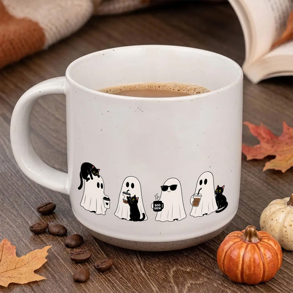 Too Cute to Spook Pottery Mug, Ghost &amp; Black Cat Halloween Mug,  Fall Coffee Lover Gift