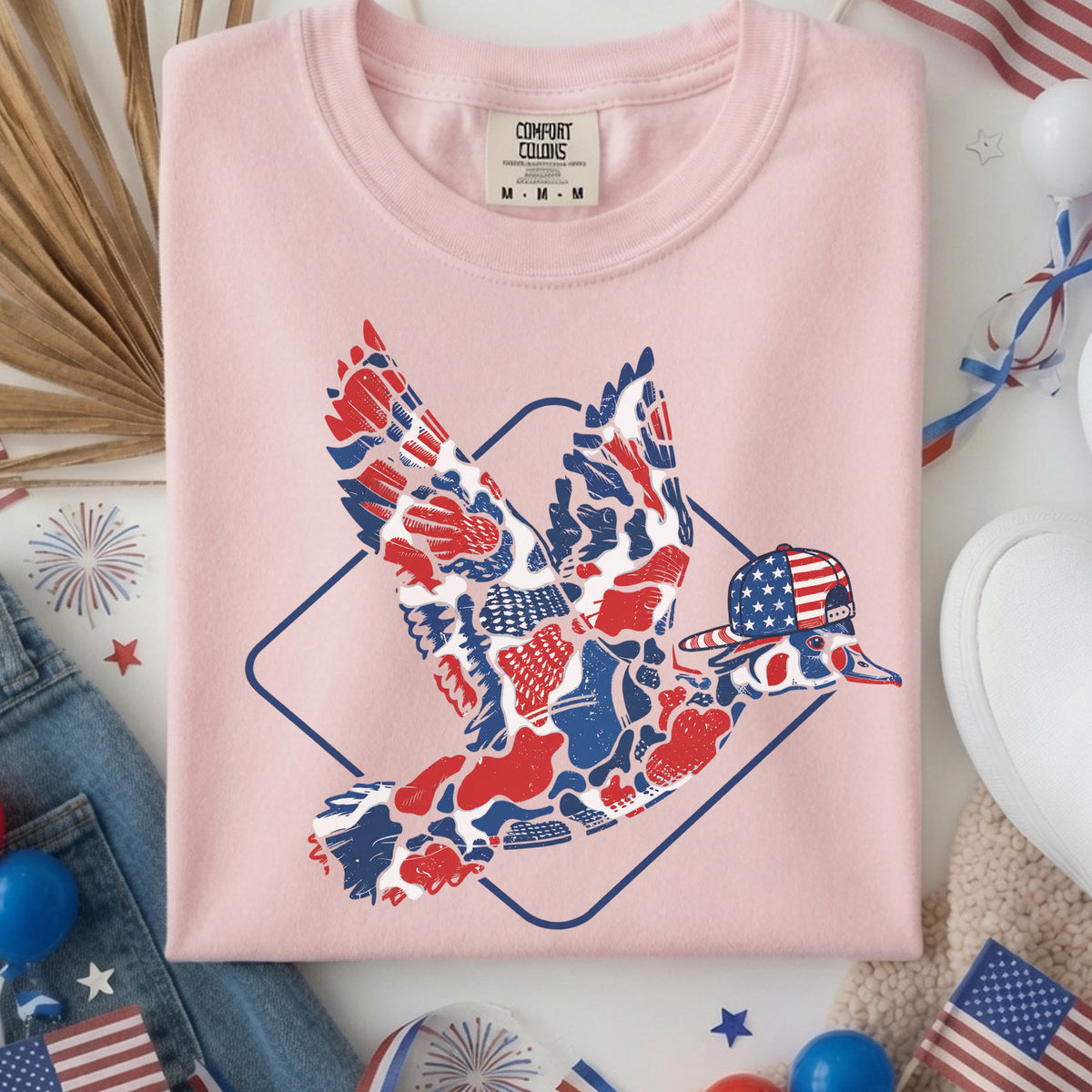 Camo Flying Mallard Duck 4th Of July T-Shirt, Patriotic Duck Hunting Tee, USA Red White Blue Shirt