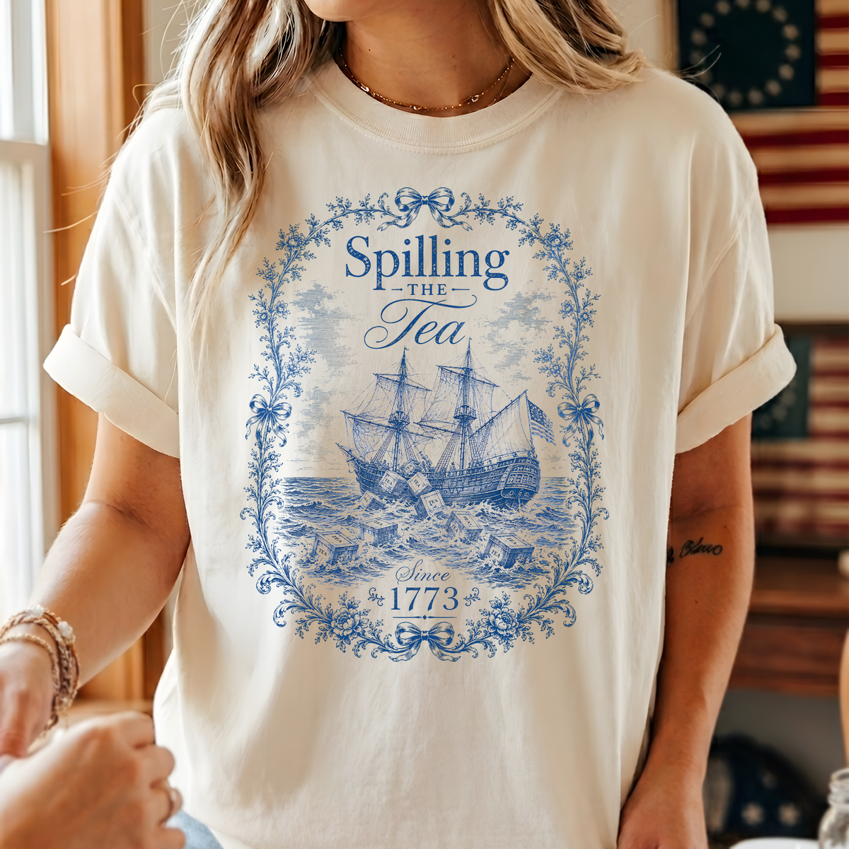Blue Toile De Jouy Spilling The Tea Since 1773 T-Shirt, Vintage USA Celebration Shirt, 4th of July Shirt