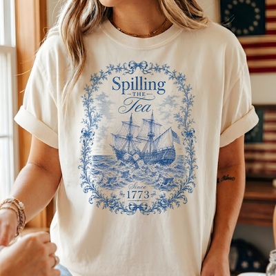 Blue Toile De Jouy Spilling The Tea Since 1773 T-Shirt, Vintage USA Celebration Shirt, 4th of July Shirt