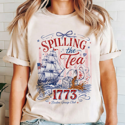 Patriotic Bow Coquette Shirt, Spilling The Tea Since 1773 Tee, Vintage USA Celebration Shirt
