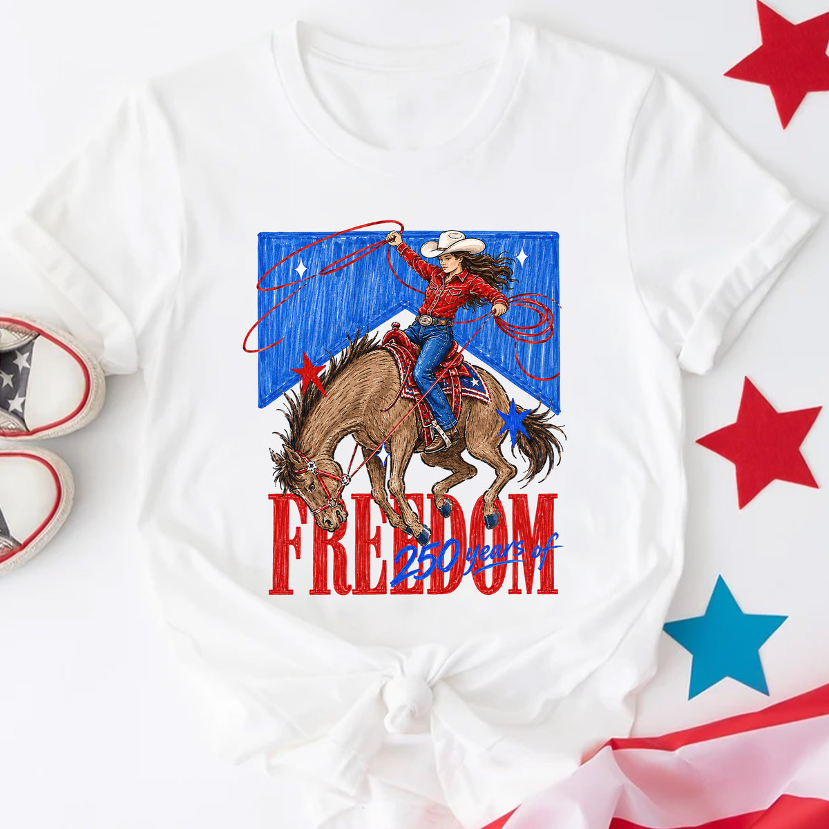 Freedom 250 Years Cowgirl Shirt, Patriotic Western Rodeo Girl Shirt Design, America 250th Birthday, Fourth of July USA Cowgirl