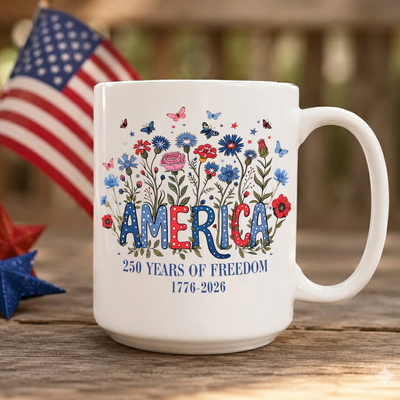 Floral 250th Anniversary Mug, Wildflower Independence Day Coffee Cup