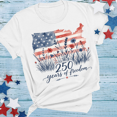 Womens Patriotic T-Shirt, 250 Years Of Freedom Floral Tee, America 250 Shirt, Fourth Of July Wildflower Top, Semiquincentennial Shirt