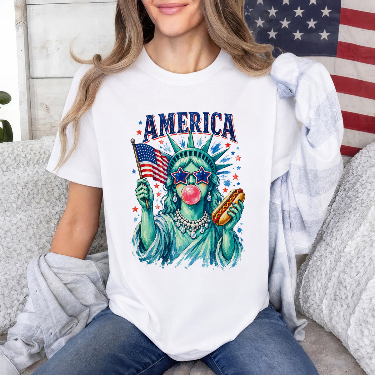 Brushstroke Statue of Liberty Shirt, Girly Blowing Bubble Holding Hot Dog, USA Shirt, America 4th July  Design