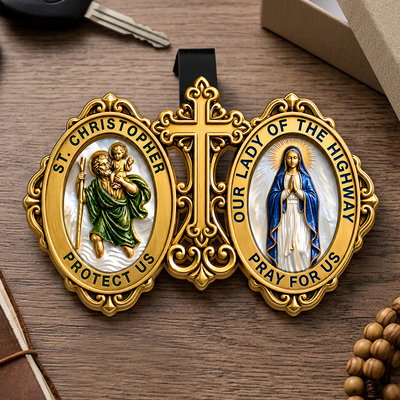St. Christopher & Our Lady Of The Highway Protect Us - Catholic Car Visor Clip, Patron Saint Gift for Drivers, Travel Safety Gift
