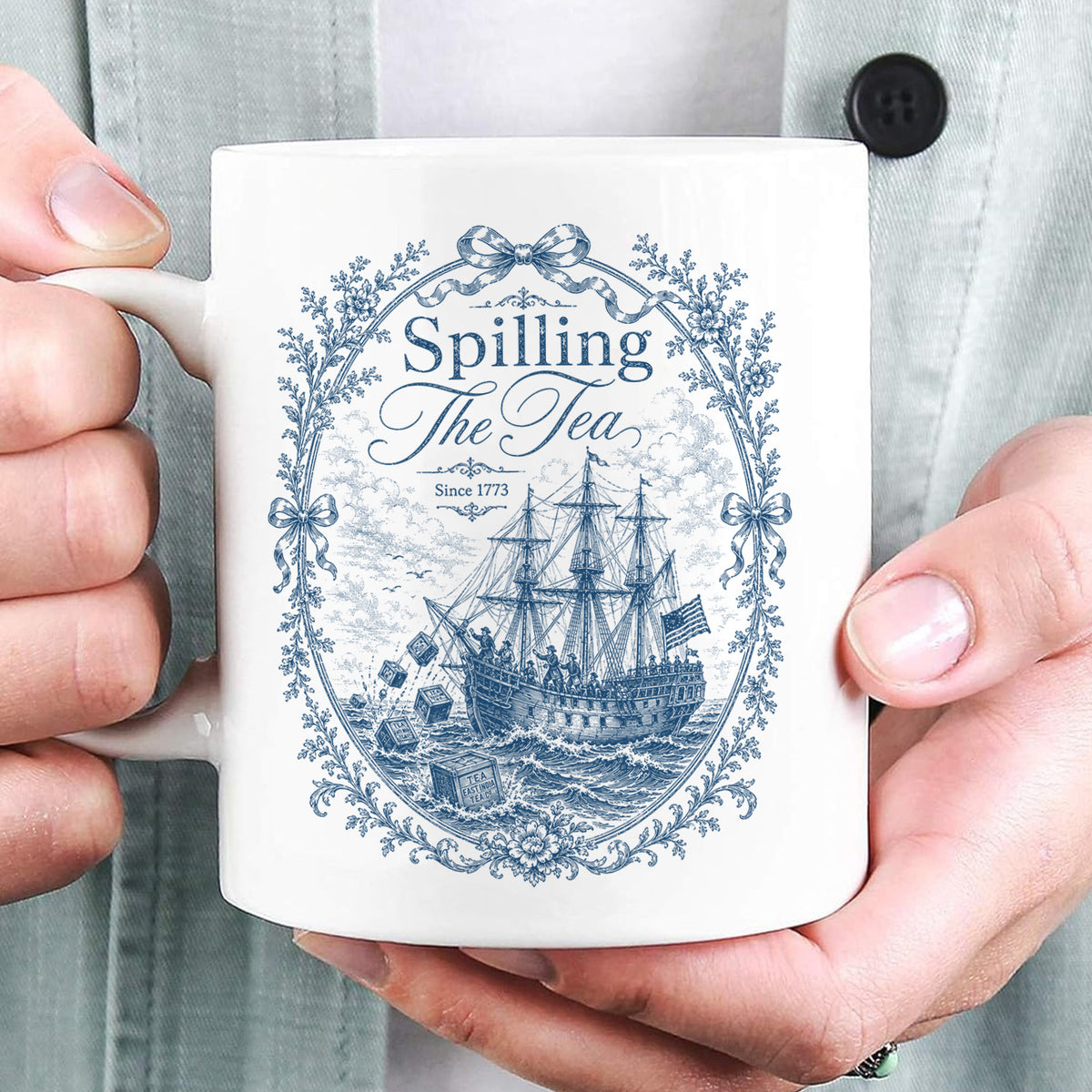 Blue Toile Spilling The Tea Since 1773 Mug, Vintage Patriotic White Mug, America 250th Anniversary Mug, Boston Tea Party Coffee Cup