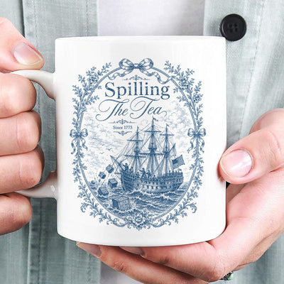 Blue Toile Spilling The Tea Since 1773 Mug, Vintage Patriotic White Mug, America 250th Anniversary Mug, Boston Tea Party Coffee Cup