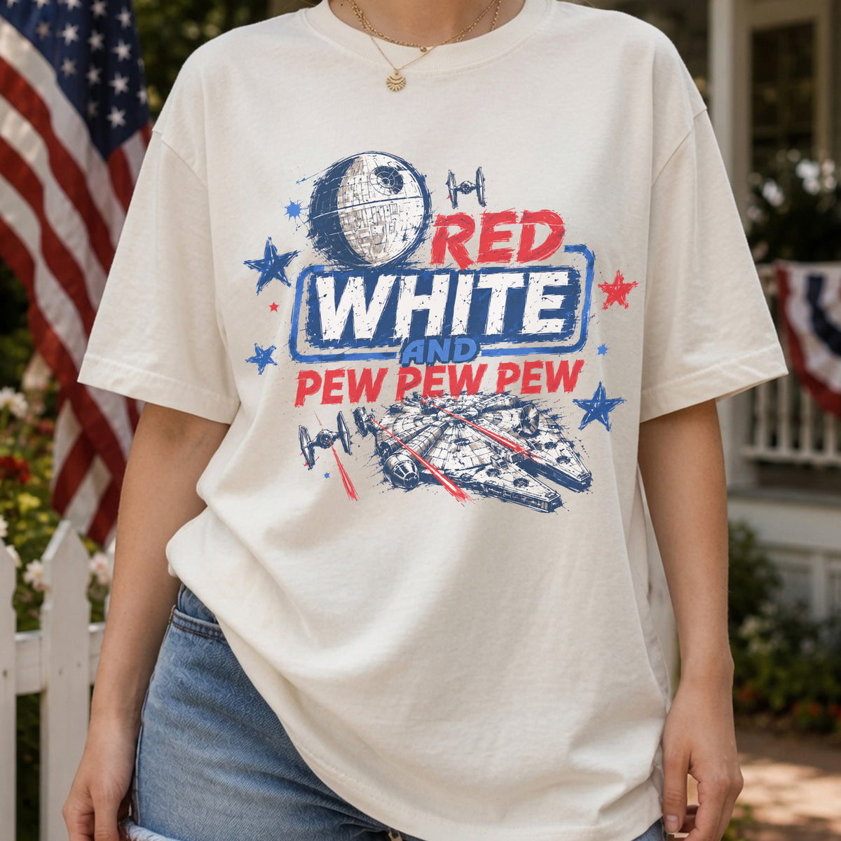 250th Anniversary Red White And Pew Pew Pew T-Shirt, Galaxy 4th Of July Tee, Starship Independence Day Shirt, Galaxy Edge Patriotic Tee