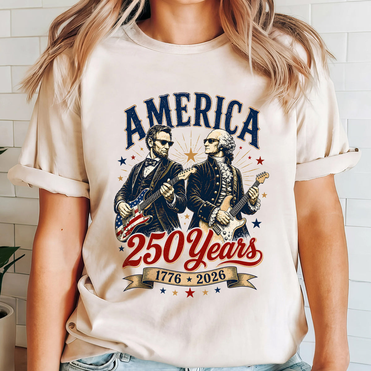 Distressed George Washington Abraham Lincoln Playing Guitar T-shirt, America 250 Years T-Shirt, 1776 2026 USA Anniversary Shirt
