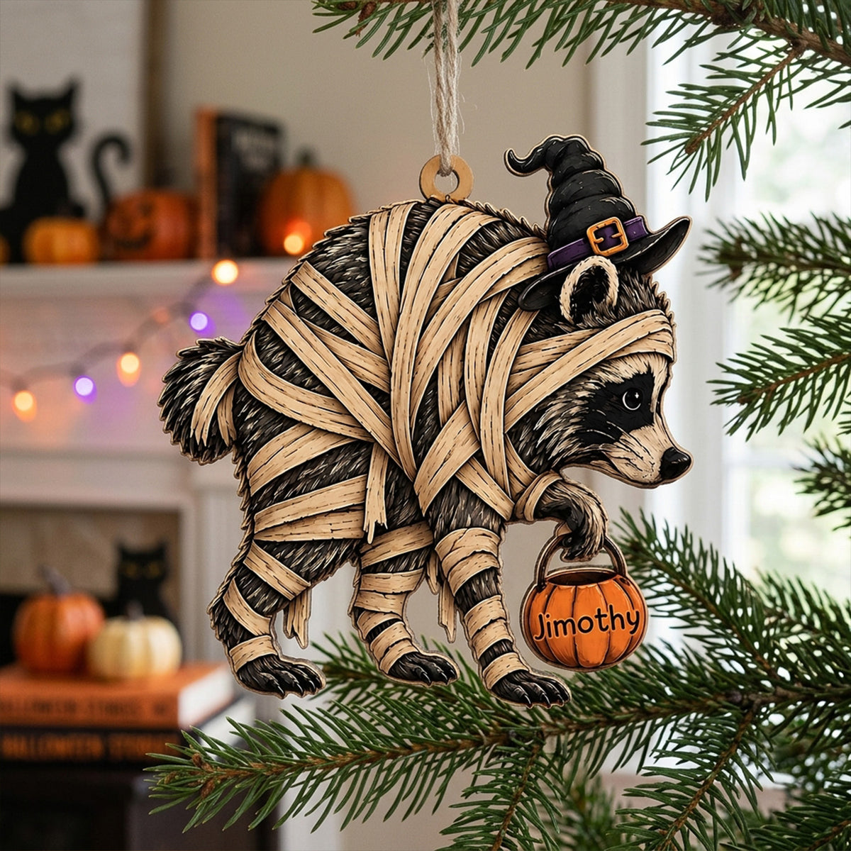 Trick or Trash, It’s Halloween Wooden Ornament, Jimothy Raccoon Halloween Ornament, Cute Mummy Animal Decor, Spooky Season Gift