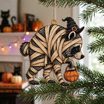 Trick or Trash, It’s Halloween Wooden Ornament, Jimothy Raccoon Halloween Ornament, Cute Mummy Animal Decor, Spooky Season Gift