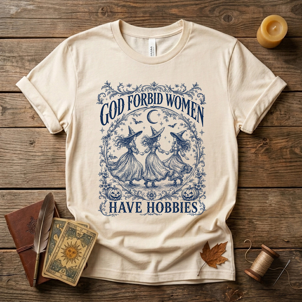 God Forbid Women Have Hobbies T-Shirt, Blue Toile Witch Tee, Vintage Halloween Aesthetic Shirt