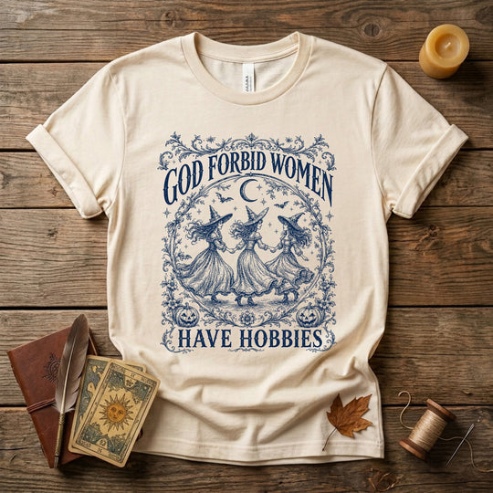 God Forbid Women Have Hobbies T-Shirt, Blue Toile Witch Tee, Vintage Halloween Aesthetic Shirt