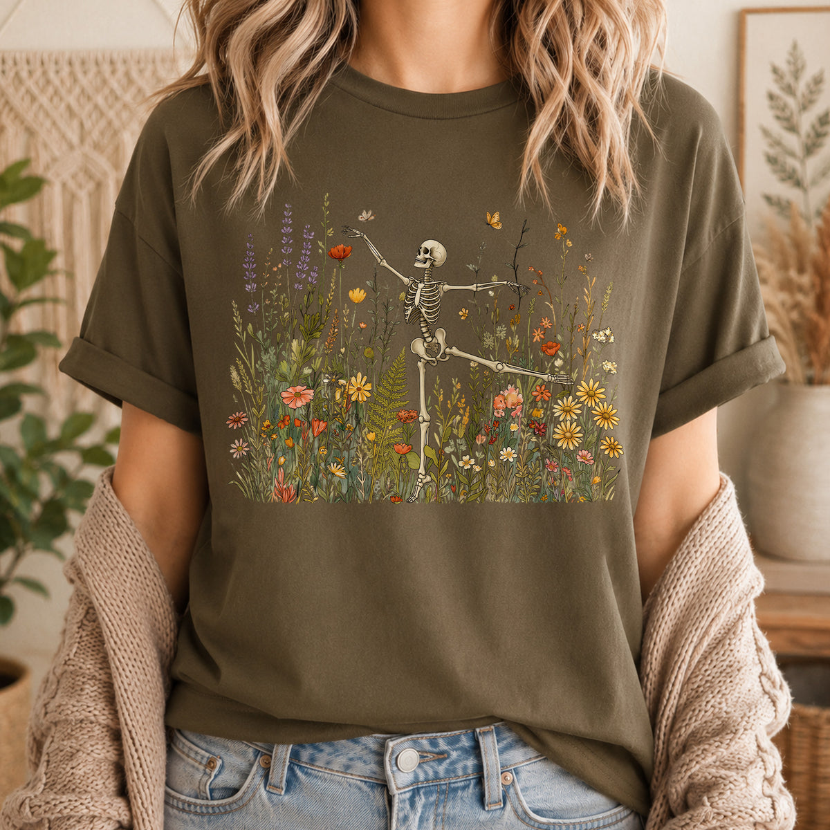 Skeleton Dancing Arabesque Wildflower T-shirt, Botanical Floral Tee, Cottagecore Halloween Shirt, Boho Hallween Tee, Nature Lover Gift