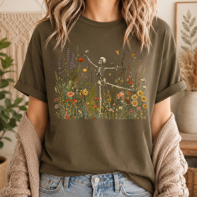 Skeleton Dancing Arabesque Wildflower T-shirt, Botanical Floral Tee, Cottagecore Halloween Shirt, Boho Hallween Tee, Nature Lover Gift