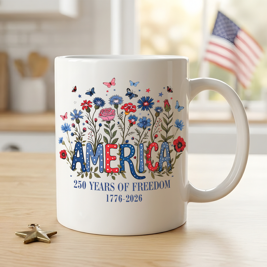 Floral 250th Anniversary Mug, Wildflower Independence Day Coffee Cup