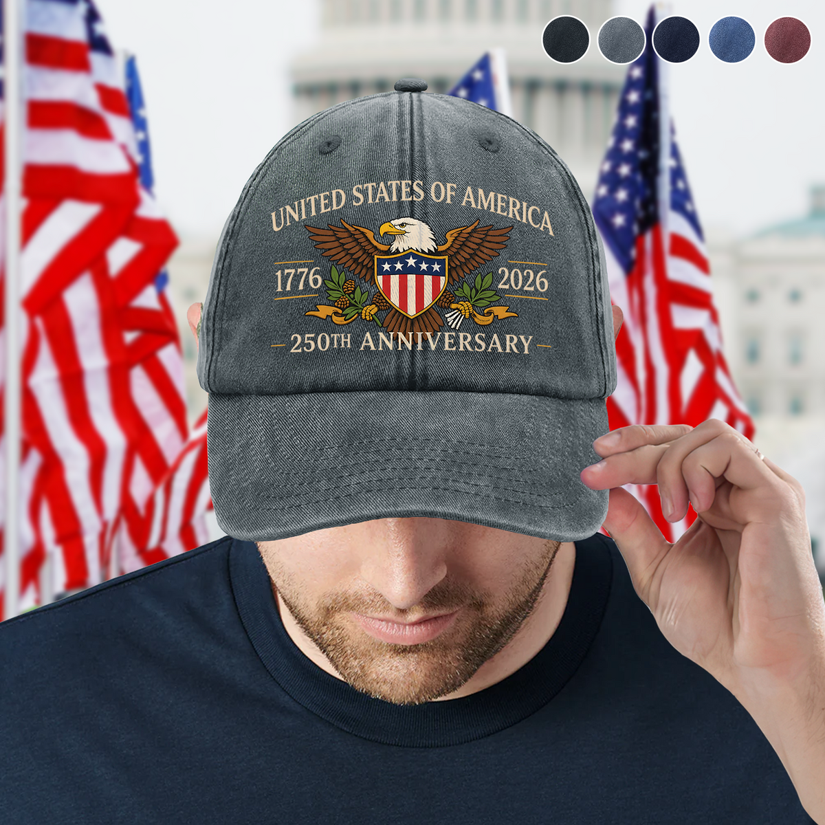 United States 250th Anniversary Vintage Washed Denim Cap, Patriotic Eagle American Independence Celebration Gift, USA 250th Anniversary Patriotic Eagle Hat