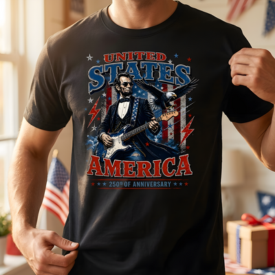 Abraham Lincoln Guitar Shirt, United States of America 250th Anniversary Shirt, Patriotic Rock Guitar Tee, USA Independence Day Shirt