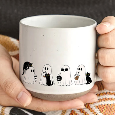 Too Cute to Spook Pottery Mug, Ghost & Black Cat Halloween Mug,  Fall Coffee Lover Gift