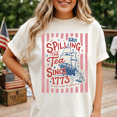 Striped Spilling The Tea Since 1773 T-Shirt, Funny 4th Of July, Patriotic USA 4th Of July Party Shirt