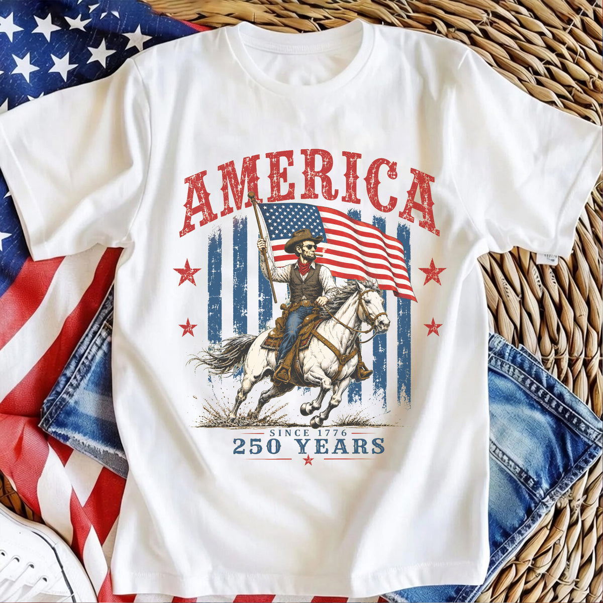 Abraham Lincoln Cowboy Shirt, USA 250th Anniversary Tee, Patriotic Horse Western Shirt, Independence Day America Shirt