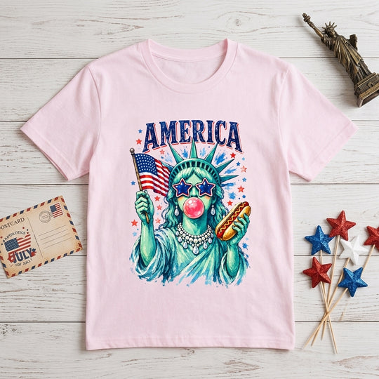 Brushstroke Statue of Liberty Shirt, Girly Blowing Bubble Holding Hot Dog, USA Shirt, America 4th July  Design