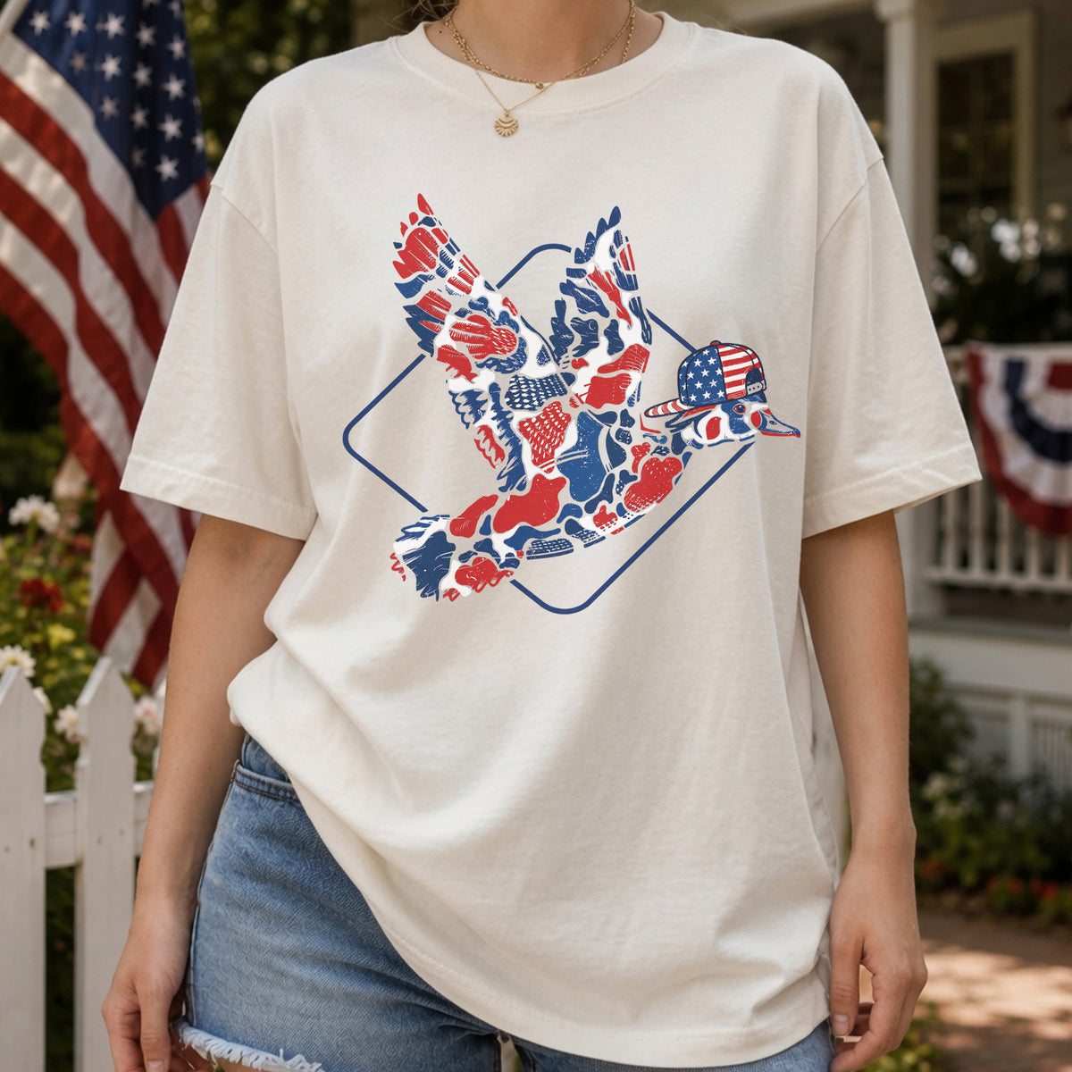 Camo Flying Mallard Duck 4th Of July T-Shirt, Patriotic Duck Hunting Tee, USA Red White Blue Shirt