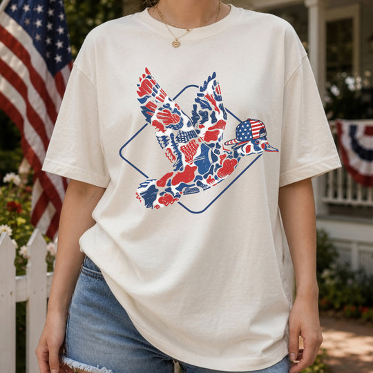 Camo Flying Mallard Duck 4th Of July T-Shirt, Patriotic Duck Hunting Tee, USA Red White Blue Shirt
