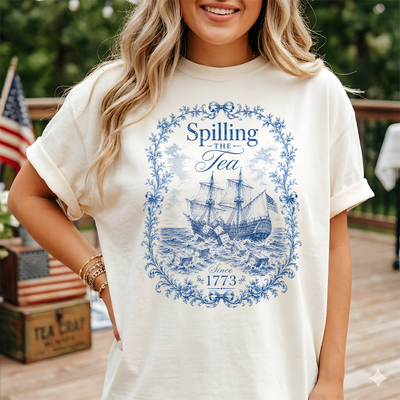 Blue Toile De Jouy Spilling The Tea Since 1773 T-Shirt, Vintage USA Celebration Shirt, 4th of July Shirt
