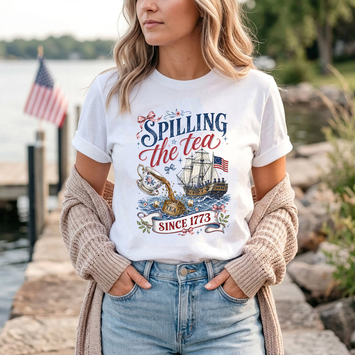 Vintage Patriotic Shirt, Spilling The Tea Since 1773 Tee, Bow Coquette Vintage USA Celebration Shirt