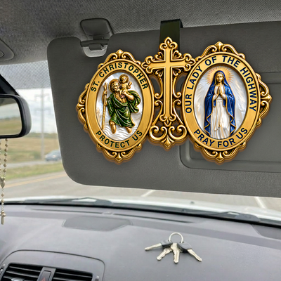 St. Christopher & Our Lady Of The Highway Protect Us - Catholic Car Visor Clip, Patron Saint Gift for Drivers, Travel Safety Gift