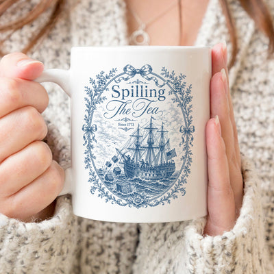 Blue Toile Spilling The Tea Since 1773 Mug, Vintage Patriotic White Mug, America 250th Anniversary Mug, Boston Tea Party Coffee Cup