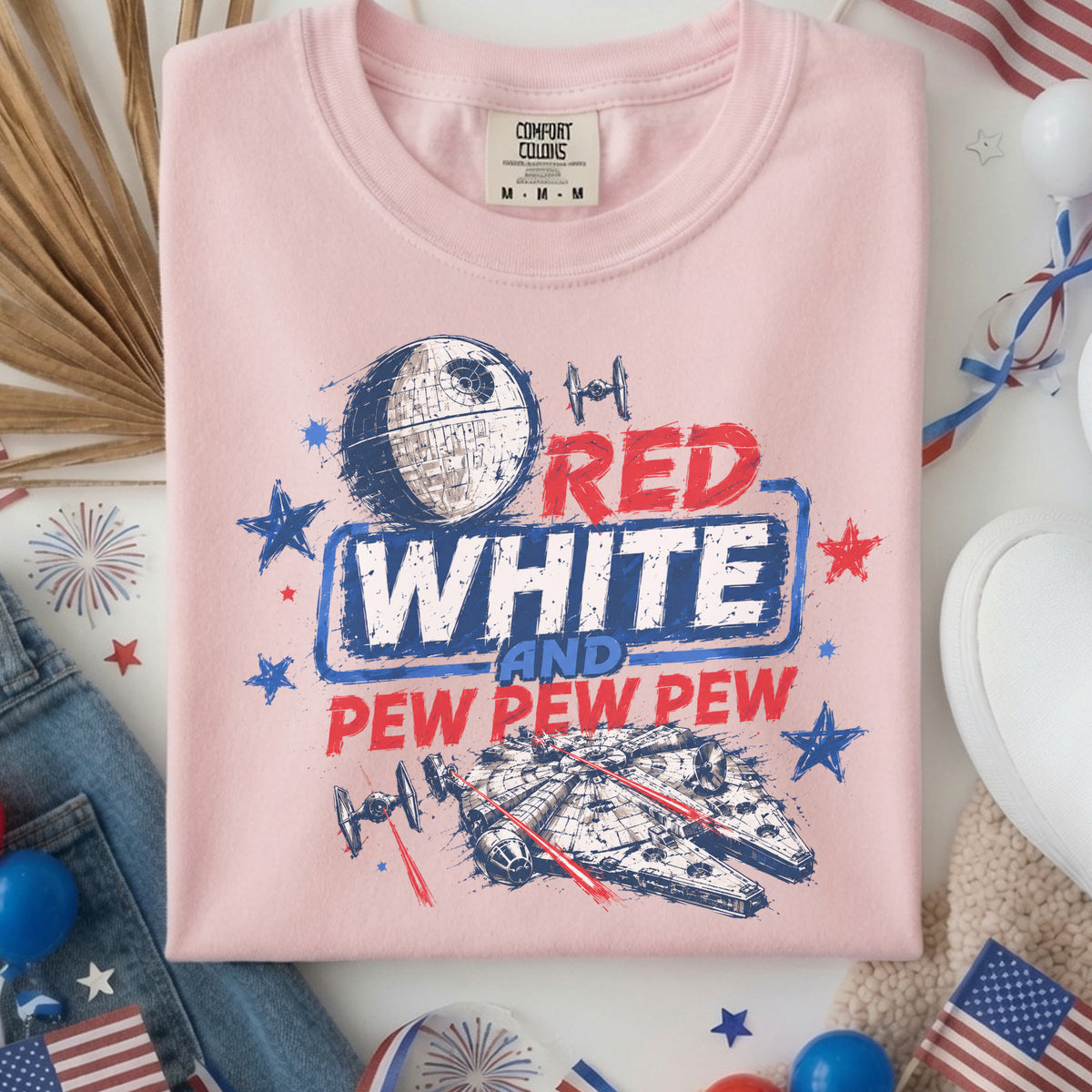 250th Anniversary Red White And Pew Pew Pew T-Shirt, Galaxy 4th Of July Tee, Starship Independence Day Shirt, Galaxy Edge Patriotic Tee