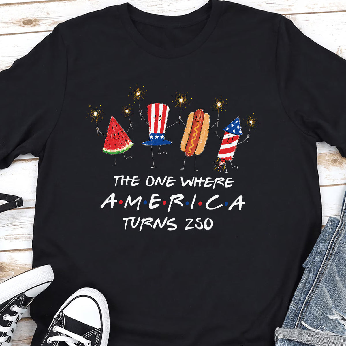 Watermelon Hotdog Firework Friend Patriotic Doodle Shirt, Cute Fourth of July Shirt,Retro American Shirt, Funny Sumer 250th Shirt