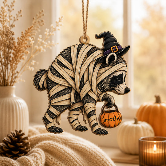 Trick or Trash, It’s Halloween Wooden Ornament, Jimothy Raccoon Halloween Ornament, Cute Mummy Animal Decor, Spooky Season Gift