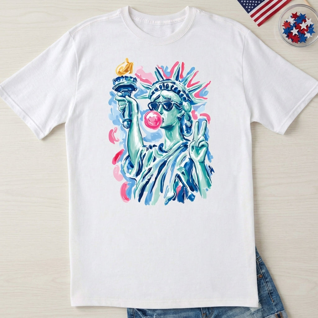 Statue Of Liberty Bubble Gum Shirt, Patriotic Coquette Tee, Cute 4th Of July Shirt For Women