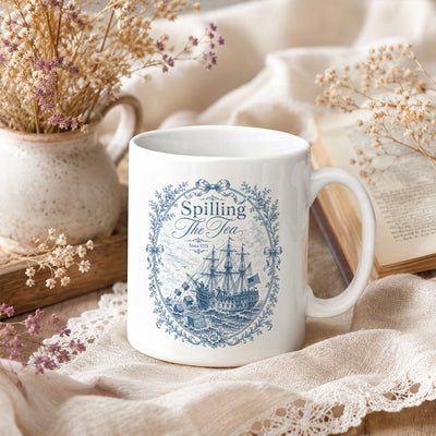 Blue Toile Spilling The Tea Since 1773 Mug, Vintage Patriotic White Mug, America 250th Anniversary Mug, Boston Tea Party Coffee Cup