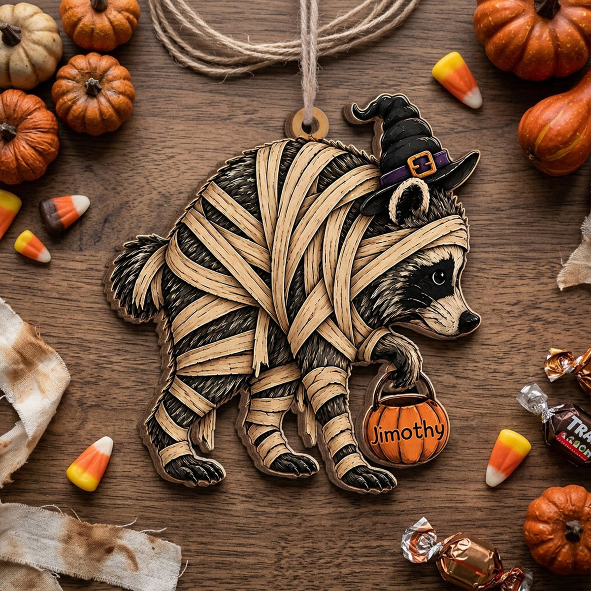 Trick or Trash, It’s Halloween Wooden Ornament, Jimothy Raccoon Halloween Ornament, Cute Mummy Animal Decor, Spooky Season Gift