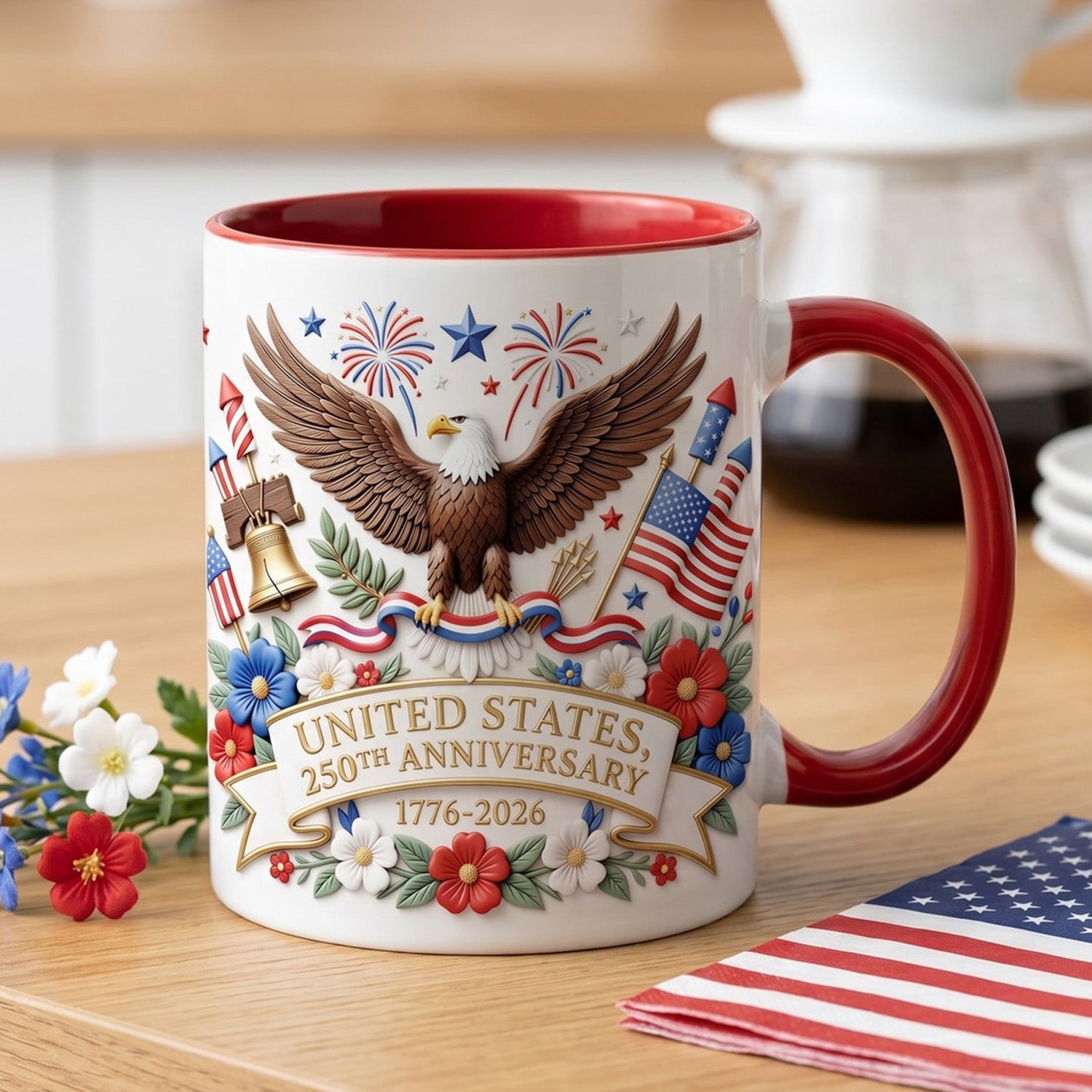 250th Anniversary Patriotic Eagle 3D Effect Mug, 1776-2026 Semiquincen -  CustomizeAF