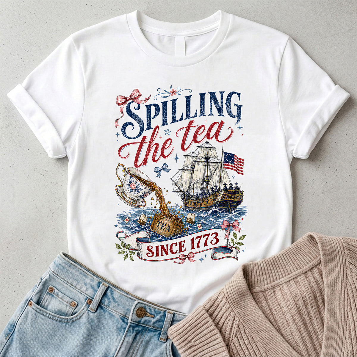 Vintage Patriotic Shirt, Spilling The Tea Since 1773 Tee, Bow Coquette Vintage USA Celebration Shirt