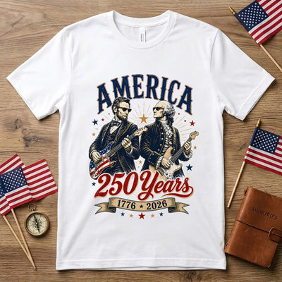 Distressed George Washington Abraham Lincoln Playing Guitar T-shirt, America 250 Years T-Shirt, 1776 2026 USA Anniversary Shirt
