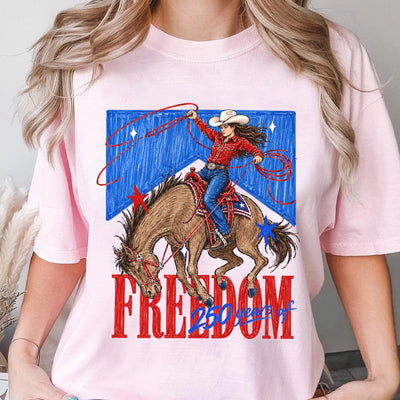 Freedom 250 Years Cowgirl Shirt, Patriotic Western Rodeo Girl Shirt Design, America 250th Birthday, Fourth of July USA Cowgirl